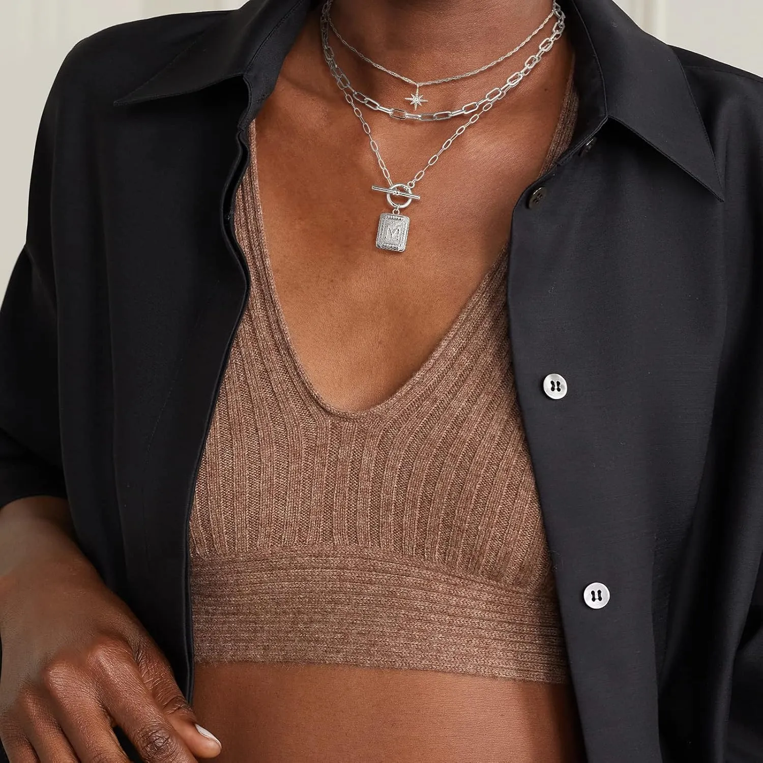 MJartoria Layered Initial Necklaces for Women Trendy, 14K Gold Plated Simple Star Choker Square Letter Pendant Necklace, Paperclip Chain Necklace, Gold Necklaces Jewelry Gifts