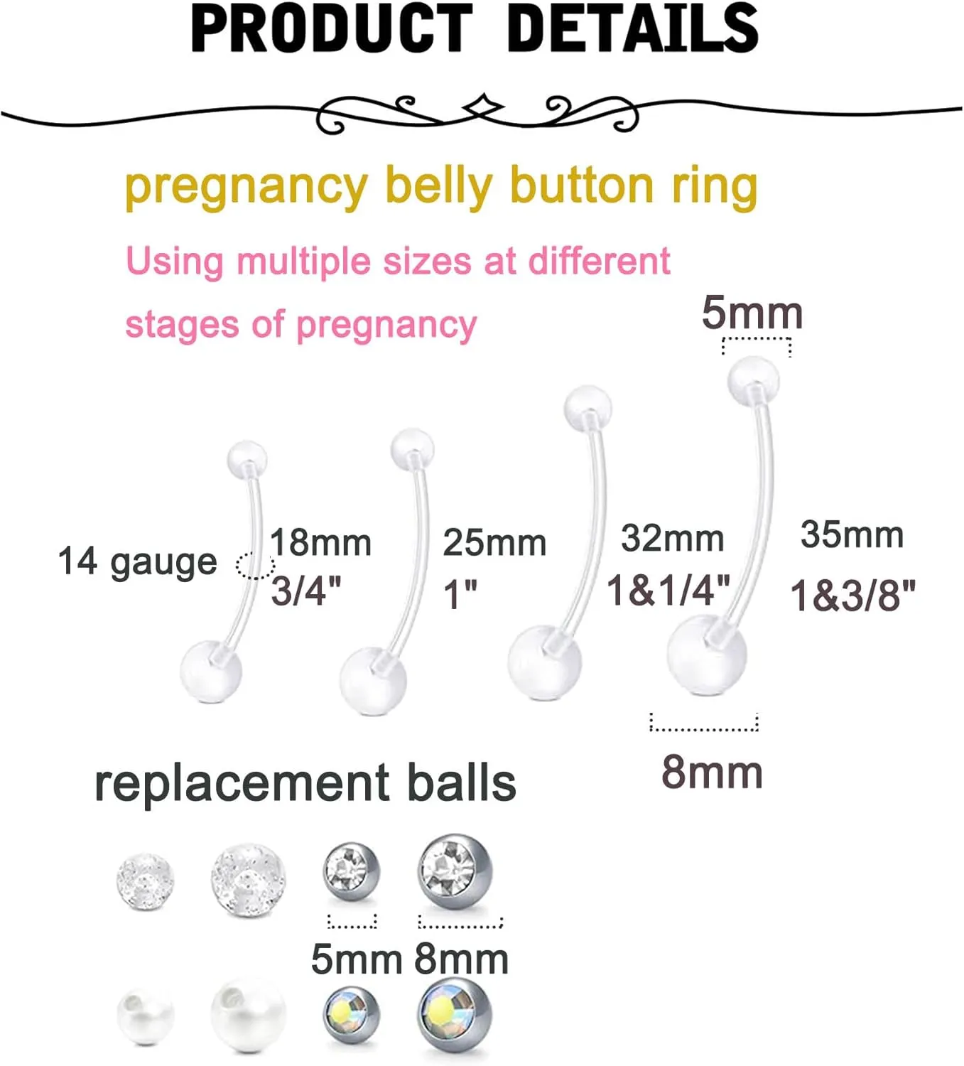 MODRSA Pregnancy Belly Button Rings Long Bar 38mm Sport Maternity Flexible Bioplast Clear Navel Belly Rings Piercing Retainer for Pregnant Women Mix Style