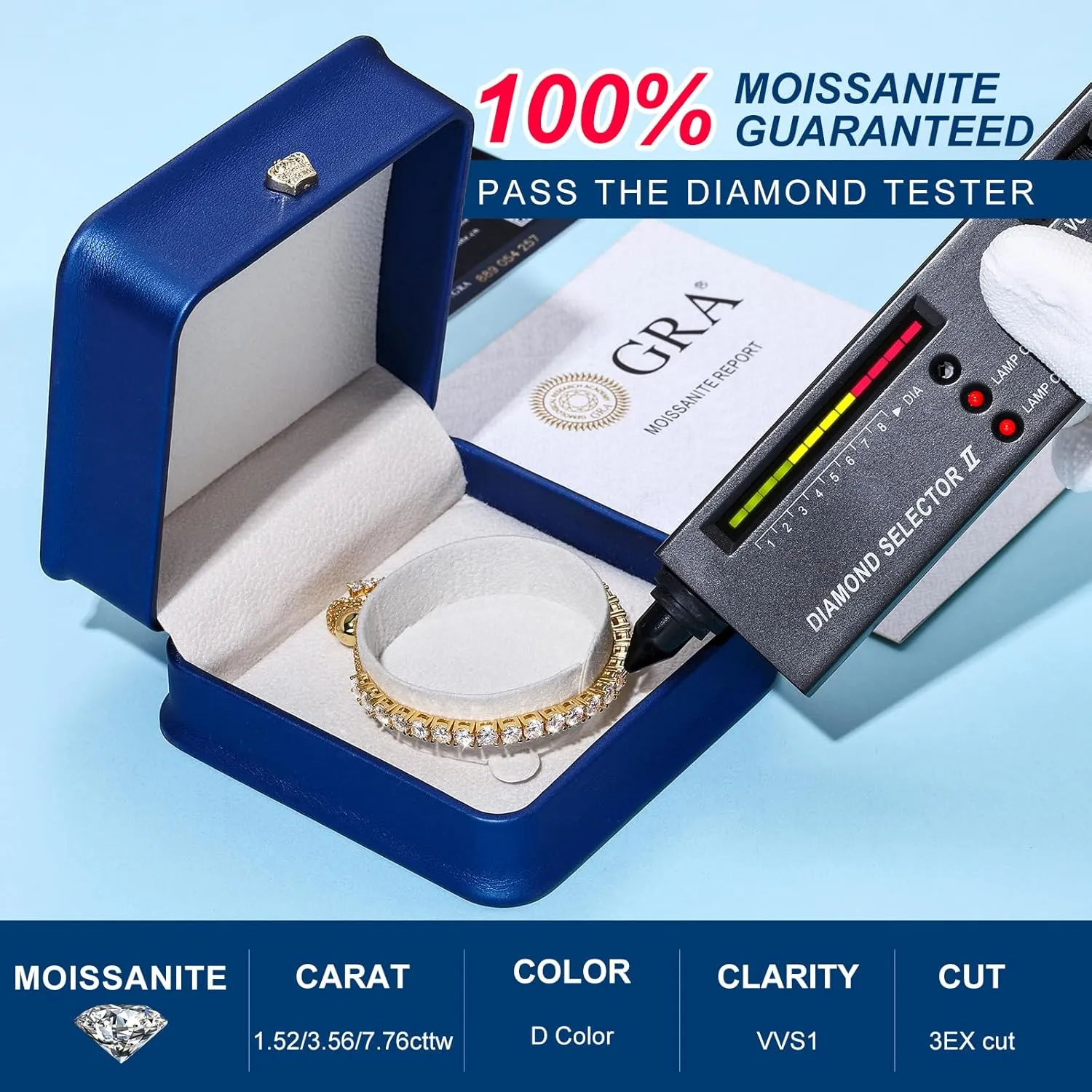 Moissanite Tennis Bracelet 1.52ct-7.76ct Adjustable Bracelet for Women 18K White Gold Plated S925 Sterling Silver Tennis Bracelet D Color VVS1 Round Cut 2mm-4mm Moissanite Bracelet Mothers Day Gift