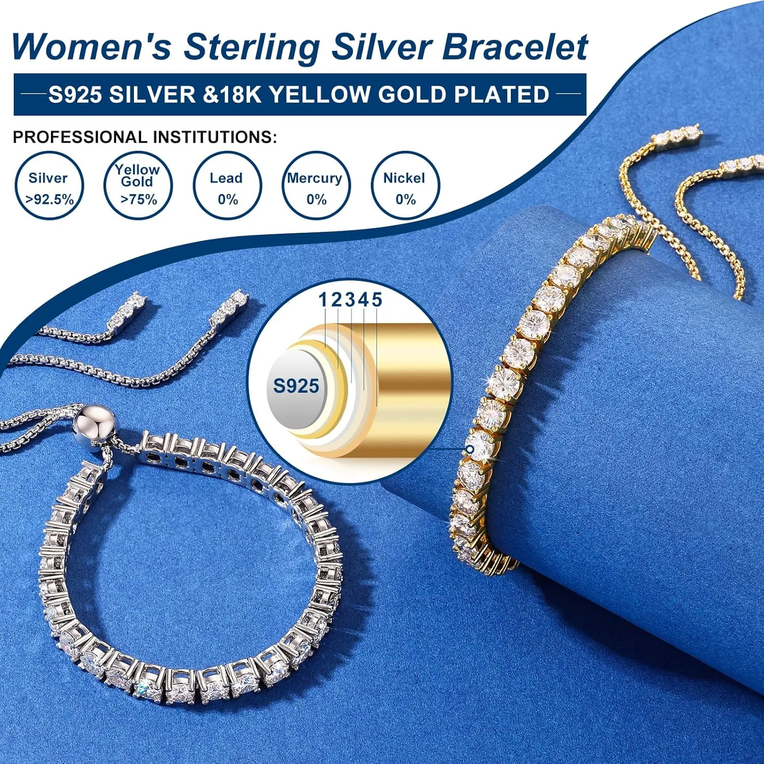 Moissanite Tennis Bracelet 1.52ct-7.76ct Adjustable Bracelet for Women 18K White Gold Plated S925 Sterling Silver Tennis Bracelet D Color VVS1 Round Cut 2mm-4mm Moissanite Bracelet Mothers Day Gift