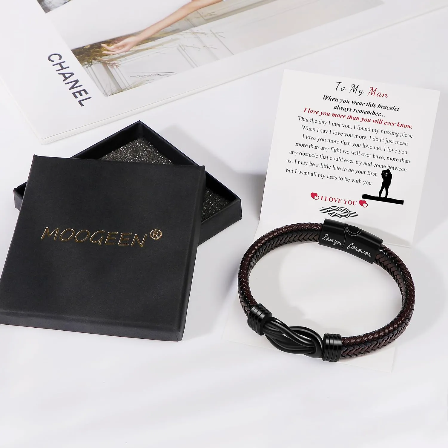 MOOGEEN Mens Braided Leather Bracelet Gifts for Men Husband Boyfriend Dad Son Grandson Brother Birthday Anniversary Christmas Men Jewelry Inspirational Wristband 7.5/8.5/9 Inches