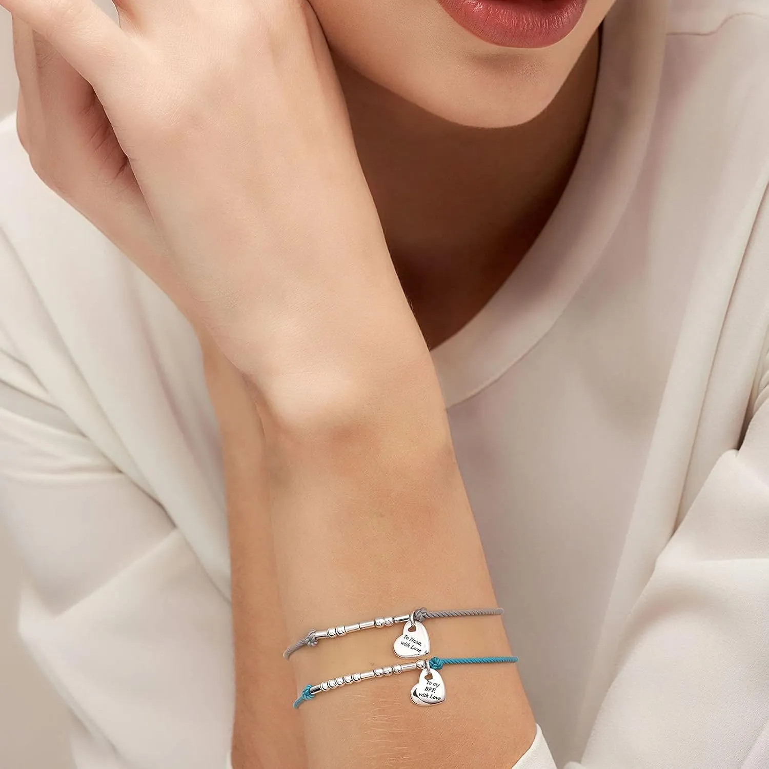 Morse Code Bracelets for Women Adjustable Silver Bead Bracelet Heart Charm String Bracelets Inspirational Bracelets for Mom Daughter Grandma Nana Aunt Sister BFF Jewelry Gift