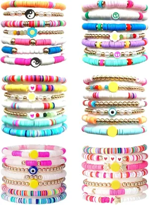 MOZAKA 42Pcs Heishi Surfer Bracelets Set for Women Colorful Preppy Heart Star Evil Eye Clay Beaded Stretch Bracelets Stackable Bohemian Elastic Layering Friendship Bracelets Y2k Aesthetic Summer Beach Jewelry