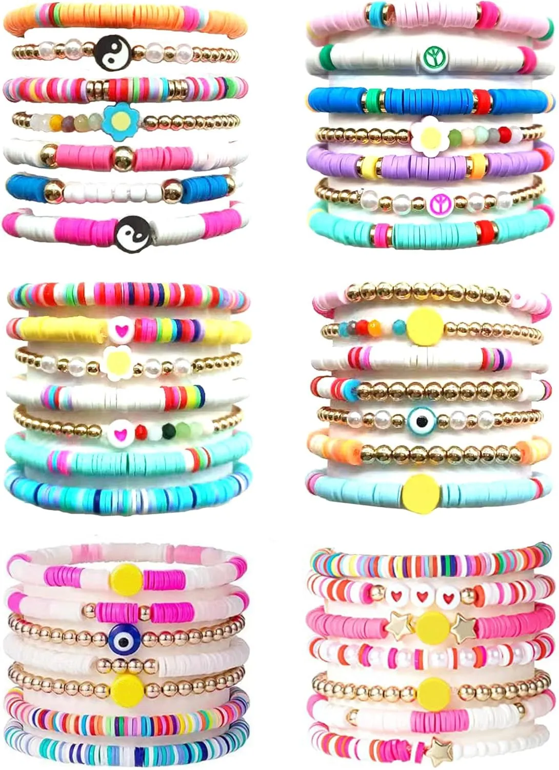 MOZAKA 42Pcs Heishi Surfer Bracelets Set for Women Colorful Preppy Heart Star Evil Eye Clay Beaded Stretch Bracelets Stackable Bohemian Elastic Layering Friendship Bracelets Y2k Aesthetic Summer Beach Jewelry