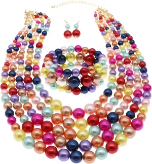 Multi strand Imitation Pearl Necklace for Women 5 Layer Pearl Necklace Bracelet and Earrings Set Costume Wedding Pearl Jewelry