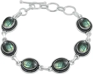 Natural Amethyst Moonstone Lapis Labradorite Garnet Malachite 925 Silver Plated Handmade Link Bracelet for Women - Bohemian Vintage Style Birthstone Jewelry Bracelet Gifts for Mom Wife Her