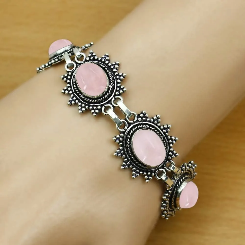 Natural Oval Gemstones 925 Silver Plated Statement Handmade Link Bracelets for Women - Birthstone Bohemina Vintage Style Adjustable Bracelet - Wedding Christmas Valentine Day Gifts for Her