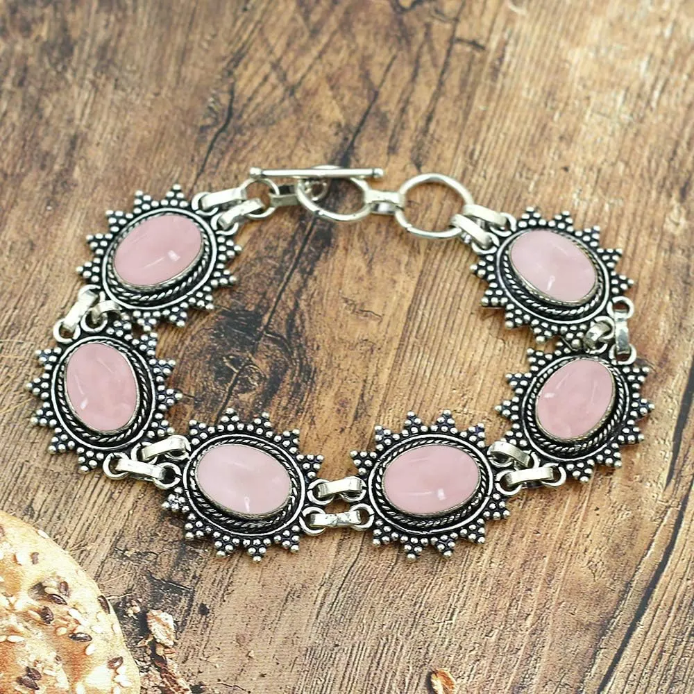 Natural Oval Gemstones 925 Silver Plated Statement Handmade Link Bracelets for Women - Birthstone Bohemina Vintage Style Adjustable Bracelet - Wedding Christmas Valentine Day Gifts for Her