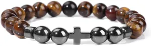 Natural Stone Bracelet Men Beads Bracelet Handmade Cross Pendant Bracelets Women Prayer Fitness Jewelry for 8mm (Metal Color: Tiger Eye - Length: 17CM)