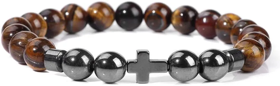 Natural Stone Bracelet Men Beads Bracelet Handmade Cross Pendant Bracelets Women Prayer Fitness Jewelry for 8mm (Metal Color: Tiger Eye - Length: 19CM)