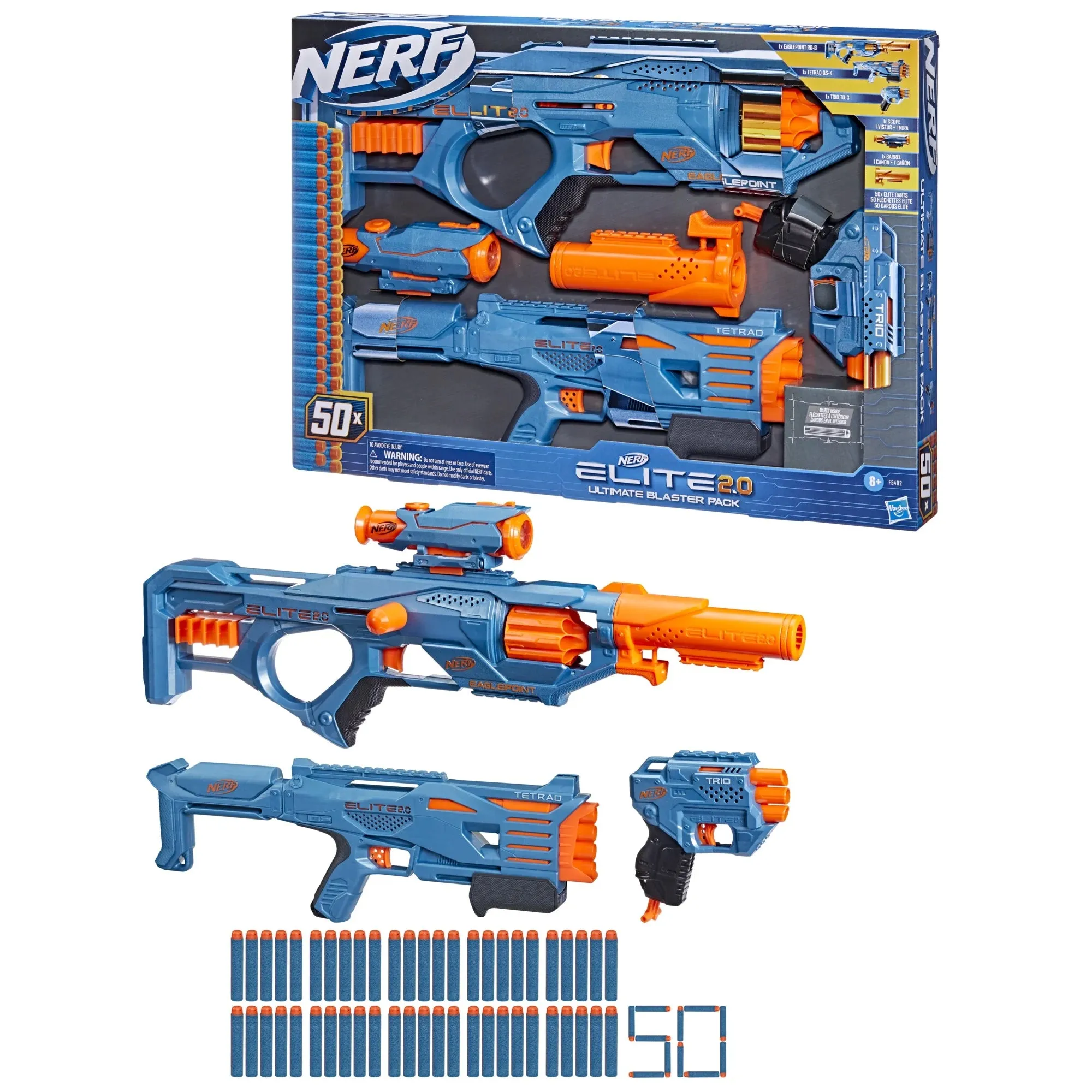 Nerf Elite 2.0 Ultimate Blaster Pack, 3 Blasters, 50 Nerf Elite Darts, Detachable Scope and Barrel