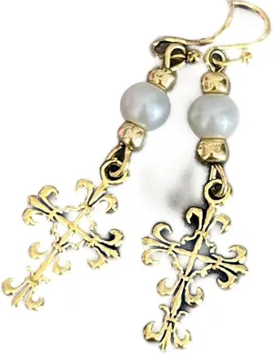 New Antique Gold Color Fleur De Lis Cross and Pearl Earrings Faith Love Religion Elegant Cute Unique Stunning Pretty jewerly perfect for any occasion KATL0A00668