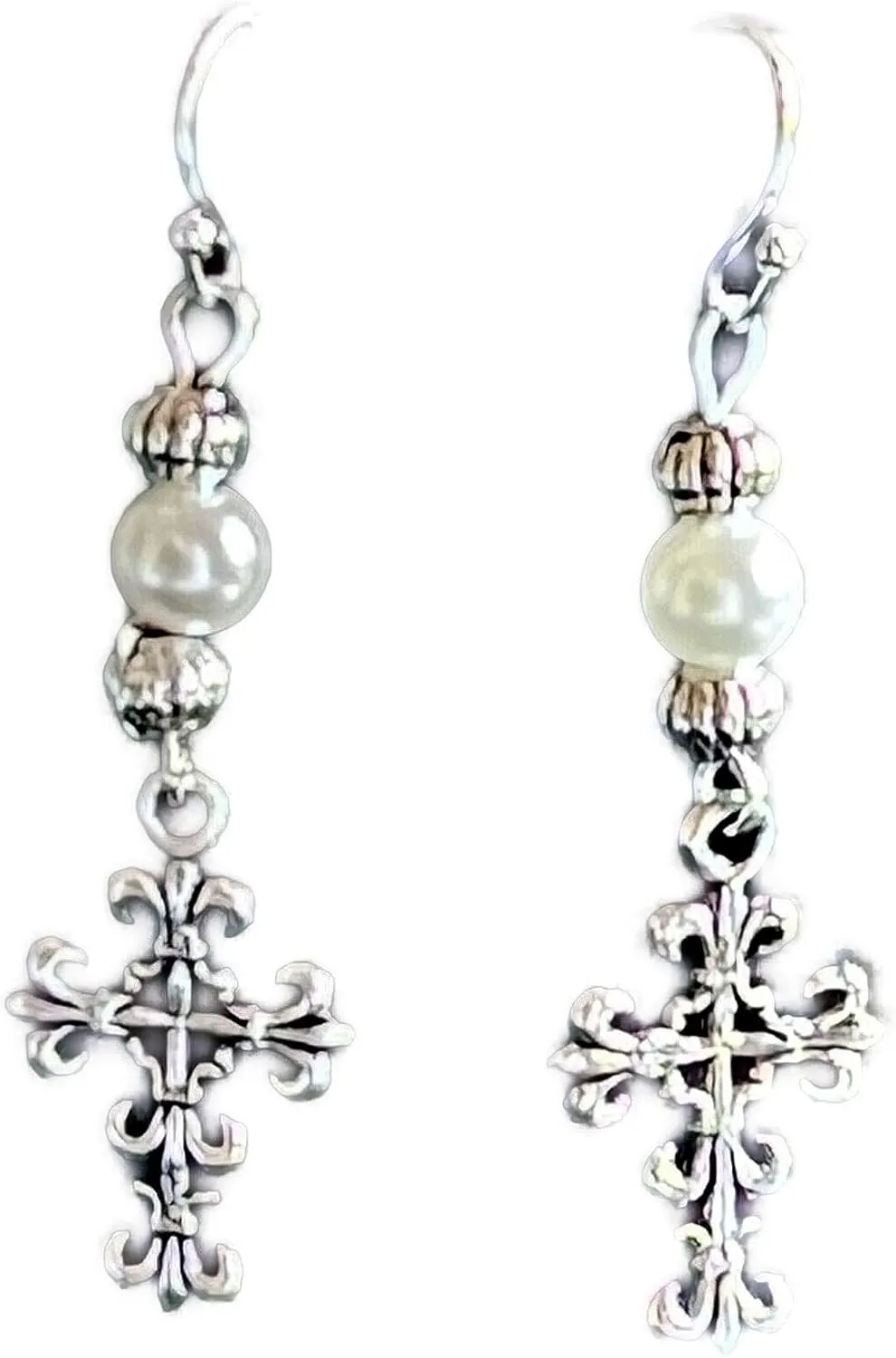 New Antique Silver Color Fleur De Lis Cross and Pearl Earrings Faith Love Religion Elegant Cute Unique Stunning Pretty jewerly perfect for any occasion KATL0A02210