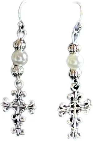 New Antique Silver Color Fleur De Lis Cross and Pearl Earrings Faith Love Religion Elegant Cute Unique Stunning Pretty jewerly perfect for any occasion KATL0A02210