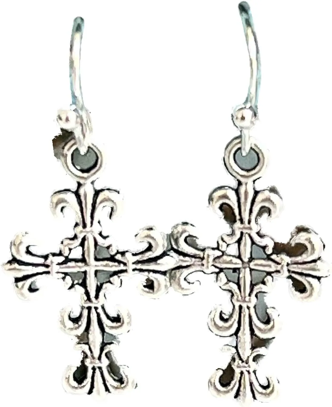 New Antique Silver Color Fleur de Lis Cross Dangle Earrings Faith Love Religion Elegant Cute Unique Stunning Pretty jewerly perfect for any occasion KATL0A00191