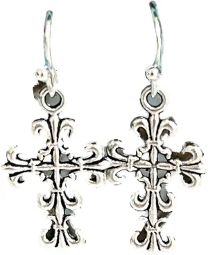New Antique Silver Color Fleur de Lis Cross Dangle Earrings Faith Love Religion Elegant Cute Unique Stunning Pretty jewerly perfect for any occasion KATL0A00191