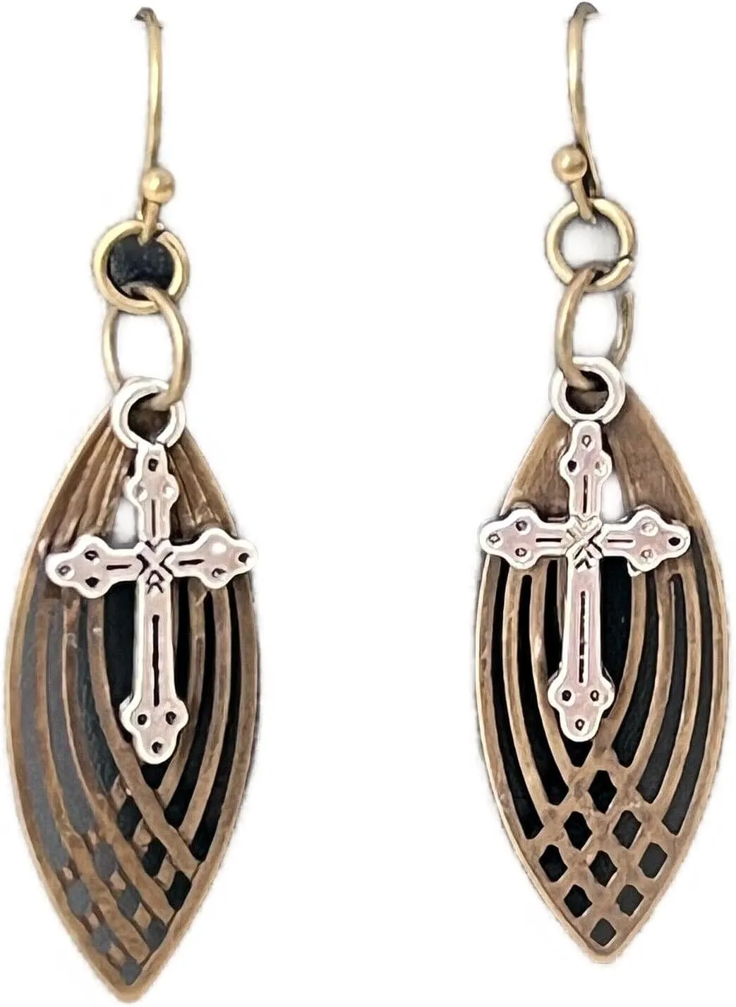 New Bronze with Silver Color Cross Dangle Earrings Faith Love Believe Elegant Cute Unique Stunning Pretty jewerly perfect for any occasion KATL0A00895
