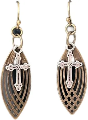 New Bronze with Silver Color Cross Dangle Earrings Faith Love Believe Elegant Cute Unique Stunning Pretty jewerly perfect for any occasion KATL0A00895