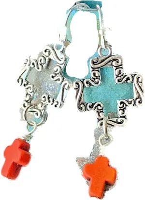New Silver Color and Orange Howlite Cross Dangle Earrings Faith Love Believe Elegant Cute Unique Stunning Pretty jewerly perfect for any occasion KATL0A01141