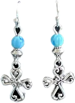 New Silver Color Cross With Blue Bead Dangle Earrings Faith Love Believe Elegant Cute Unique Stunning Pretty jewerly perfect for any occasion KATL0A00982