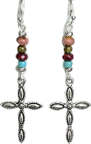 New Silver Color Cross with Rich & Turquoise Bead Earrings Faith Love Believe Elegant Cute Unique Stunning Pretty jewerly perfect for any occasion KATL0A03798