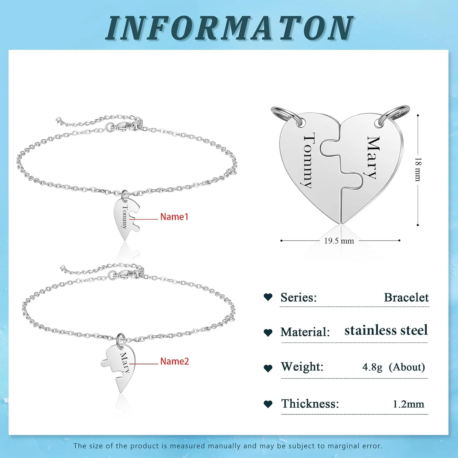 Nobelook Personalized Heart Puzzle Bracelet for Women - Matching Best Friend BFF Friendship Bracelets Matching Couple Bracelets