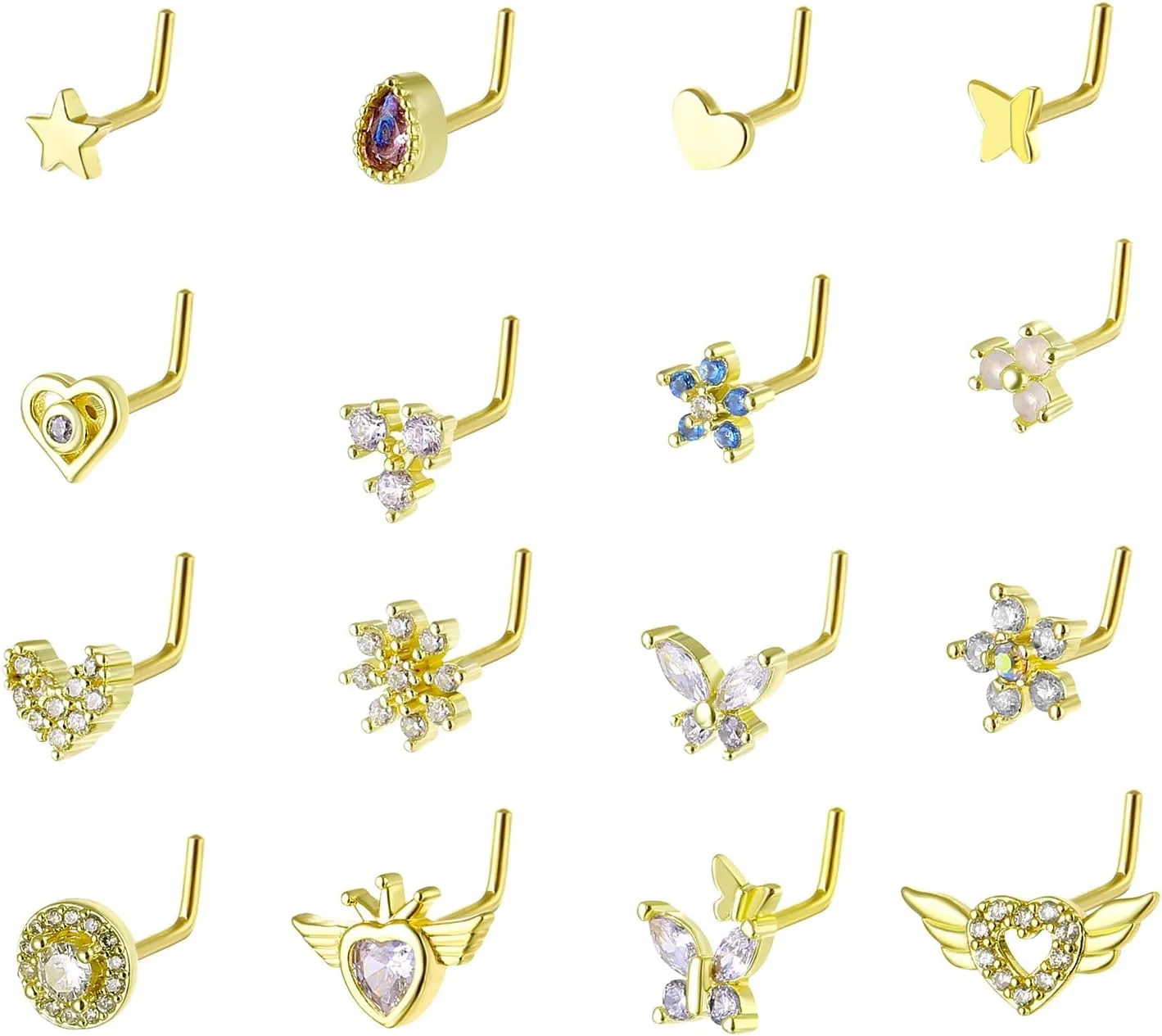 Nose Studs Piercing Jewellery for Women - 16Pcs L Shaped Butterfly/Love/Star/Petal Nose Rings Studs 316L Surgical Steel CZ Nose Screw Studs Body Jewellery for Women
