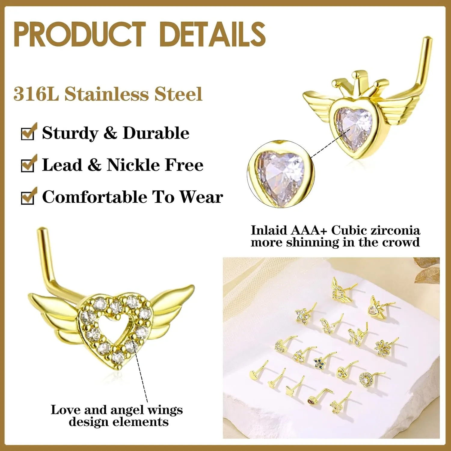 Nose Studs Piercing Jewellery for Women - 16Pcs L Shaped Butterfly/Love/Star/Petal Nose Rings Studs 316L Surgical Steel CZ Nose Screw Studs Body Jewellery for Women