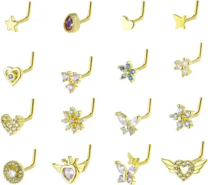 Nose Studs Piercing Jewellery for Women - 16Pcs L Shaped Butterfly/Love/Star/Petal Nose Rings Studs 316L Surgical Steel CZ Nose Screw Studs Body Jewellery for Women