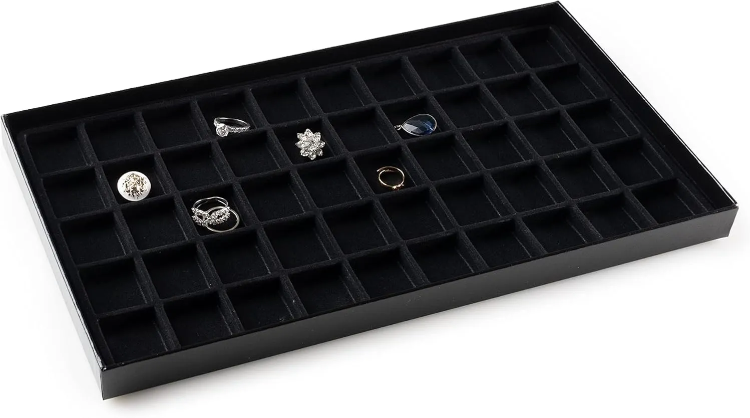Novel Box Black Paperboard 50 Slot Jewelry Organizer Tray 14.75x8.25x1 Inches with Fitted Lid & Black Flocked Inserts - Jewelry Display Trays for Rings, Earrings, Pendants, and Cufflinks