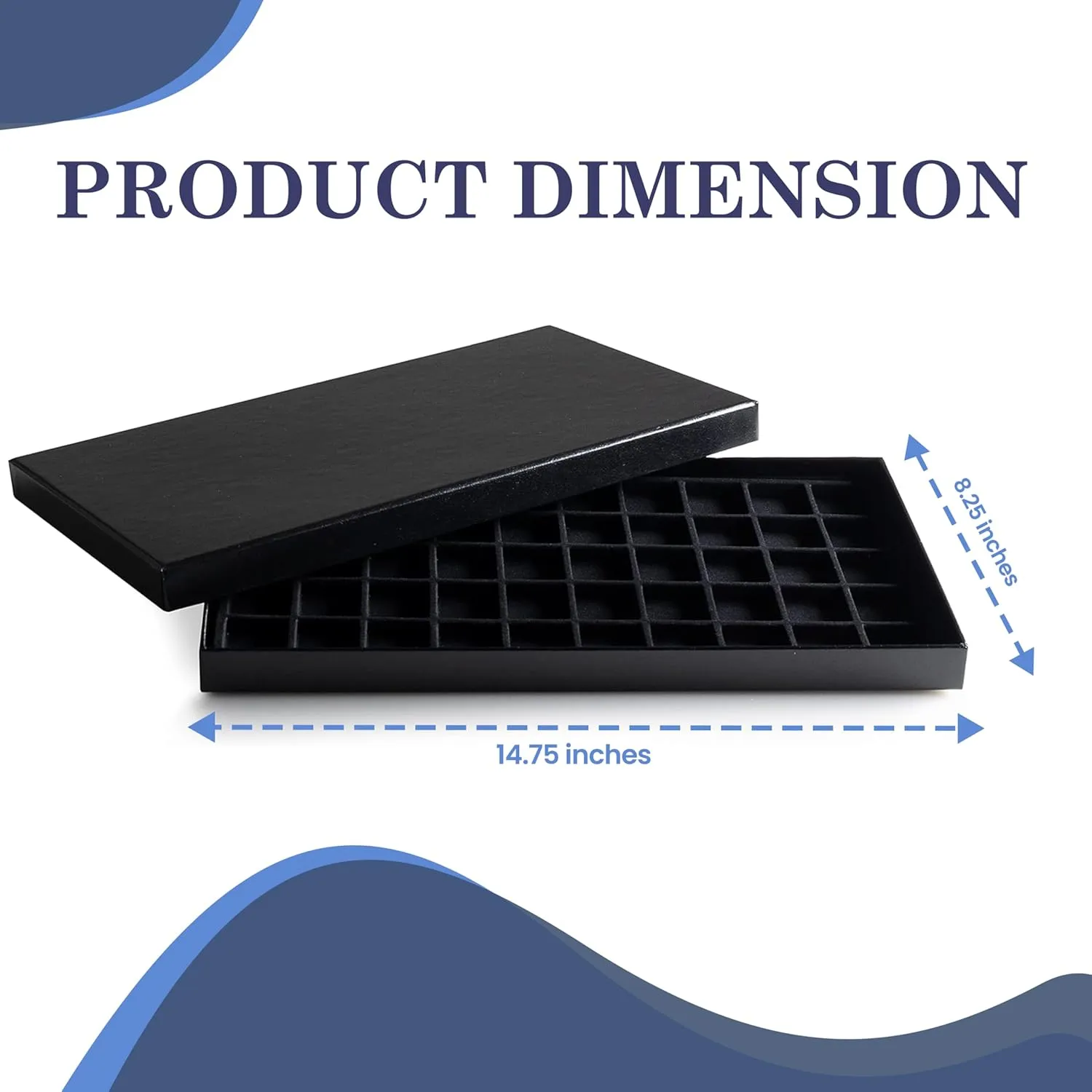 Novel Box Black Paperboard 50 Slot Jewelry Organizer Tray 14.75x8.25x1 Inches with Fitted Lid & Black Flocked Inserts - Jewelry Display Trays for Rings, Earrings, Pendants, and Cufflinks
