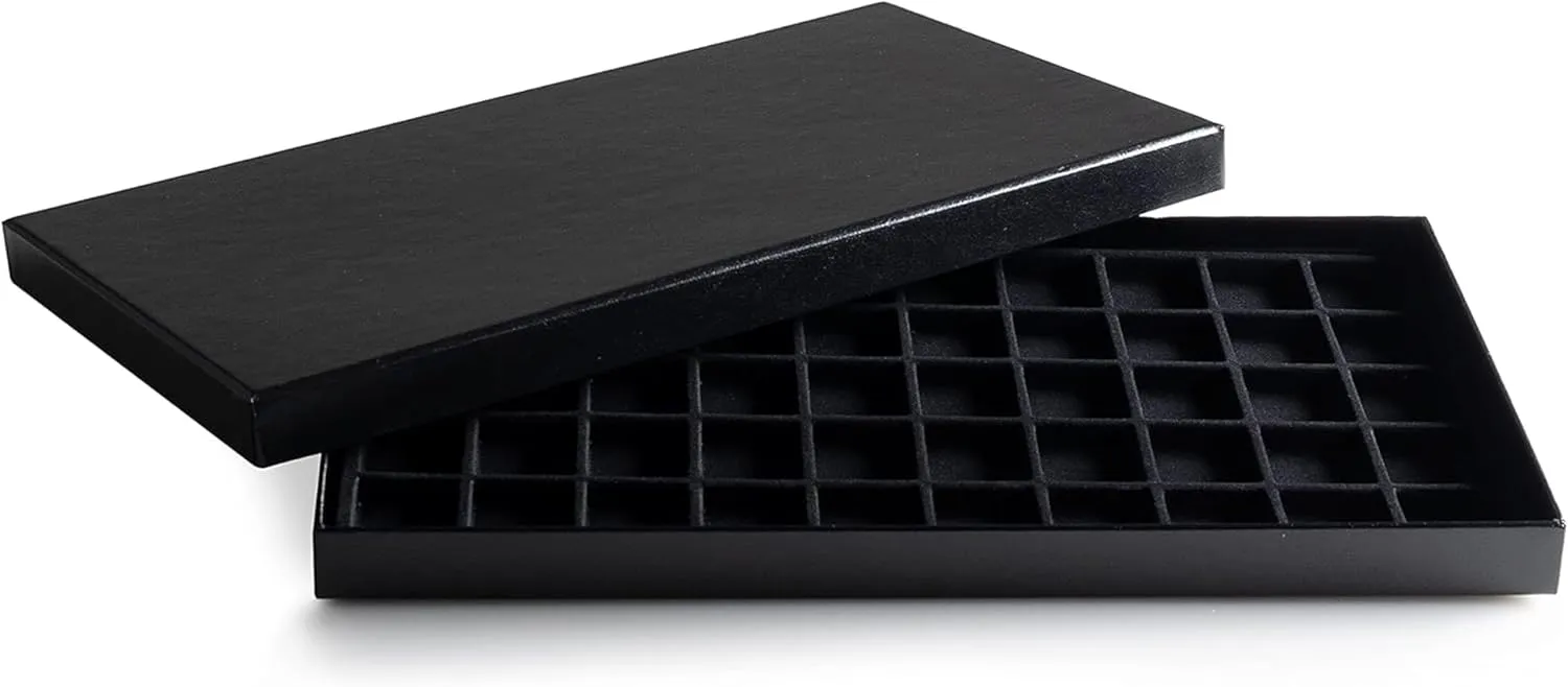 Novel Box Black Paperboard 50 Slot Jewelry Organizer Tray 14.75x8.25x1 Inches with Fitted Lid & Black Flocked Inserts - Jewelry Display Trays for Rings, Earrings, Pendants, and Cufflinks
