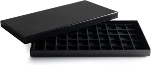Novel Box Black Paperboard 50 Slot Jewelry Organizer Tray 14.75x8.25x1 Inches with Fitted Lid & Black Flocked Inserts - Jewelry Display Trays for Rings, Earrings, Pendants, and Cufflinks