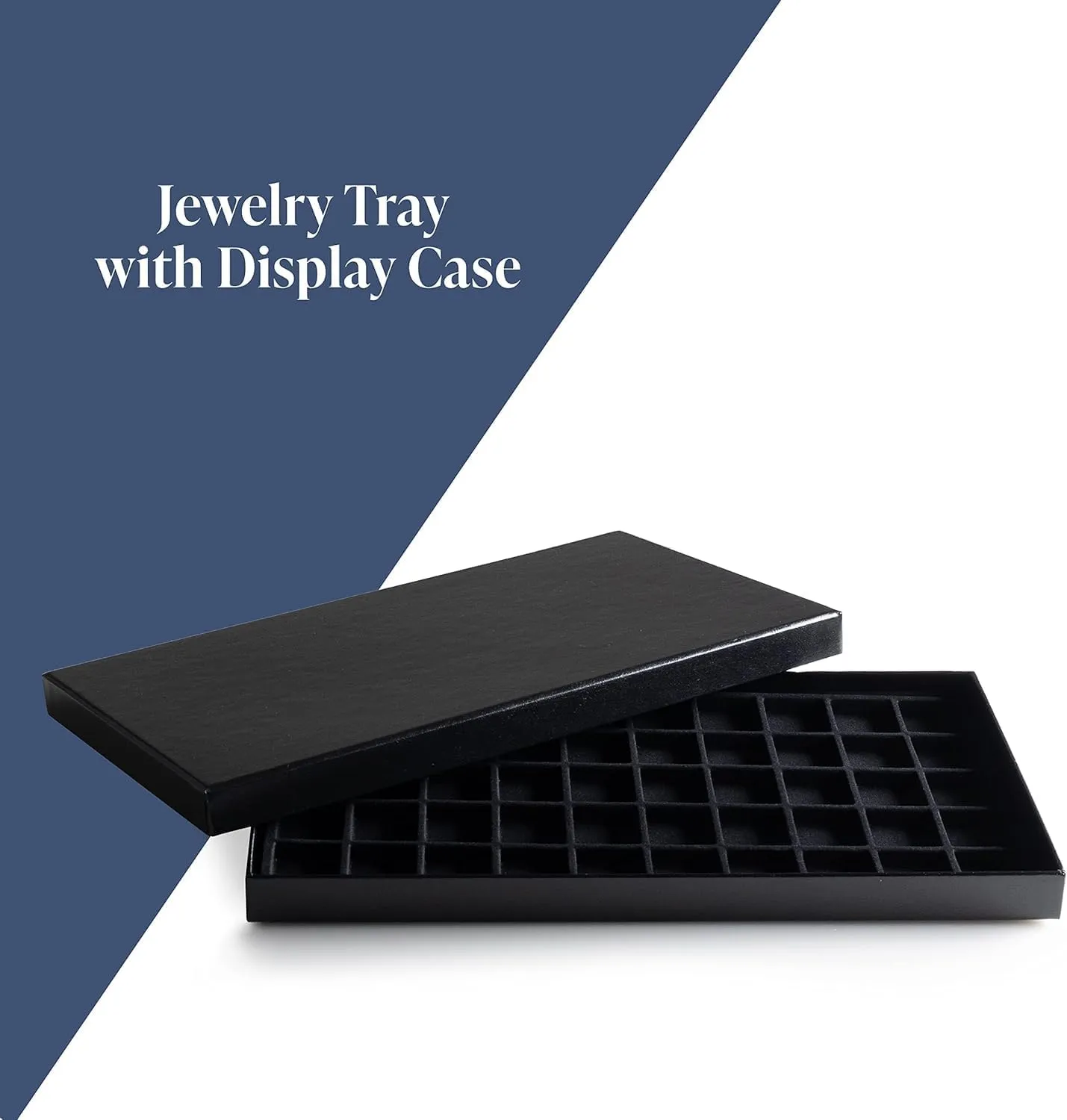Novel Box Black Paperboard 50 Slot Jewelry Organizer Tray 14.75x8.25x1 Inches with Fitted Lid & Black Flocked Inserts - Jewelry Display Trays for Rings, Earrings, Pendants, and Cufflinks