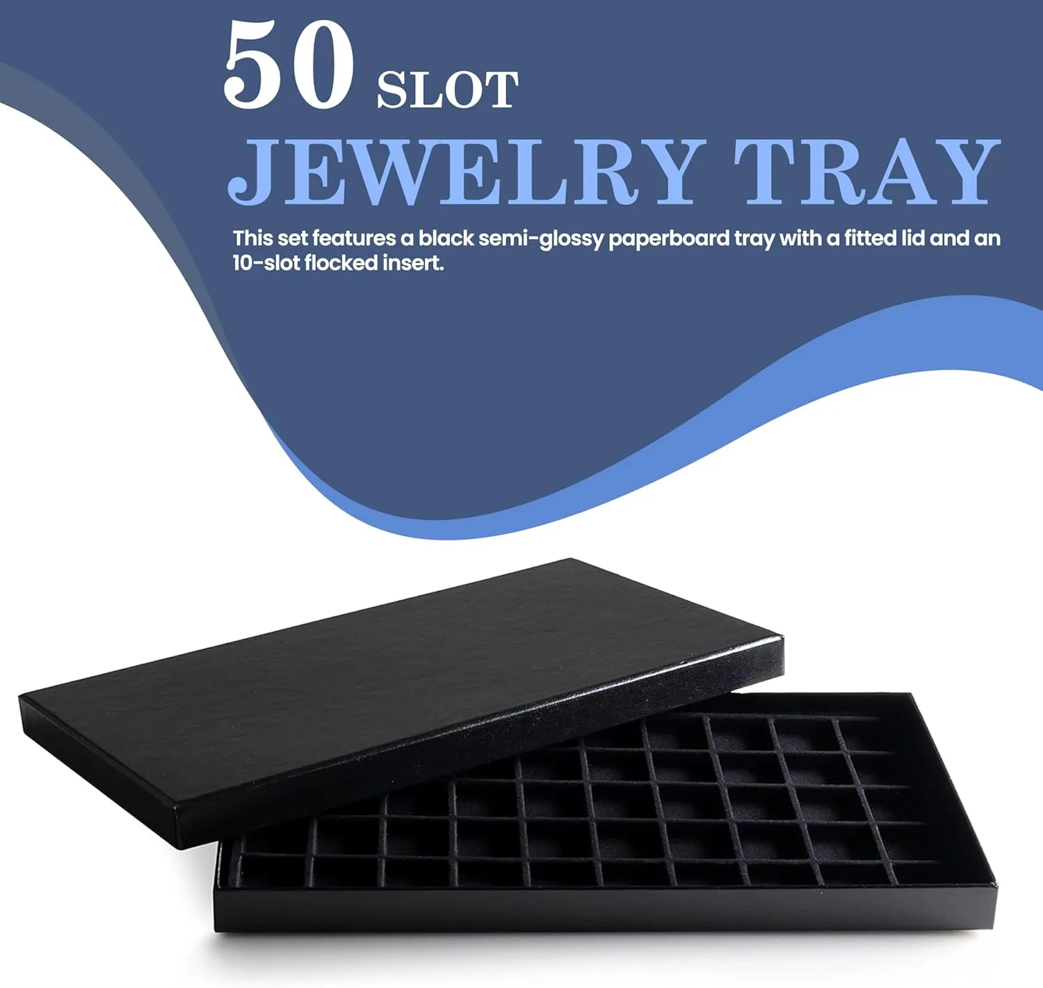 Novel Box Black Paperboard 50 Slot Jewelry Organizer Tray 14.75x8.25x1 Inches with Fitted Lid & Black Flocked Inserts - Jewelry Display Trays for Rings, Earrings, Pendants, and Cufflinks