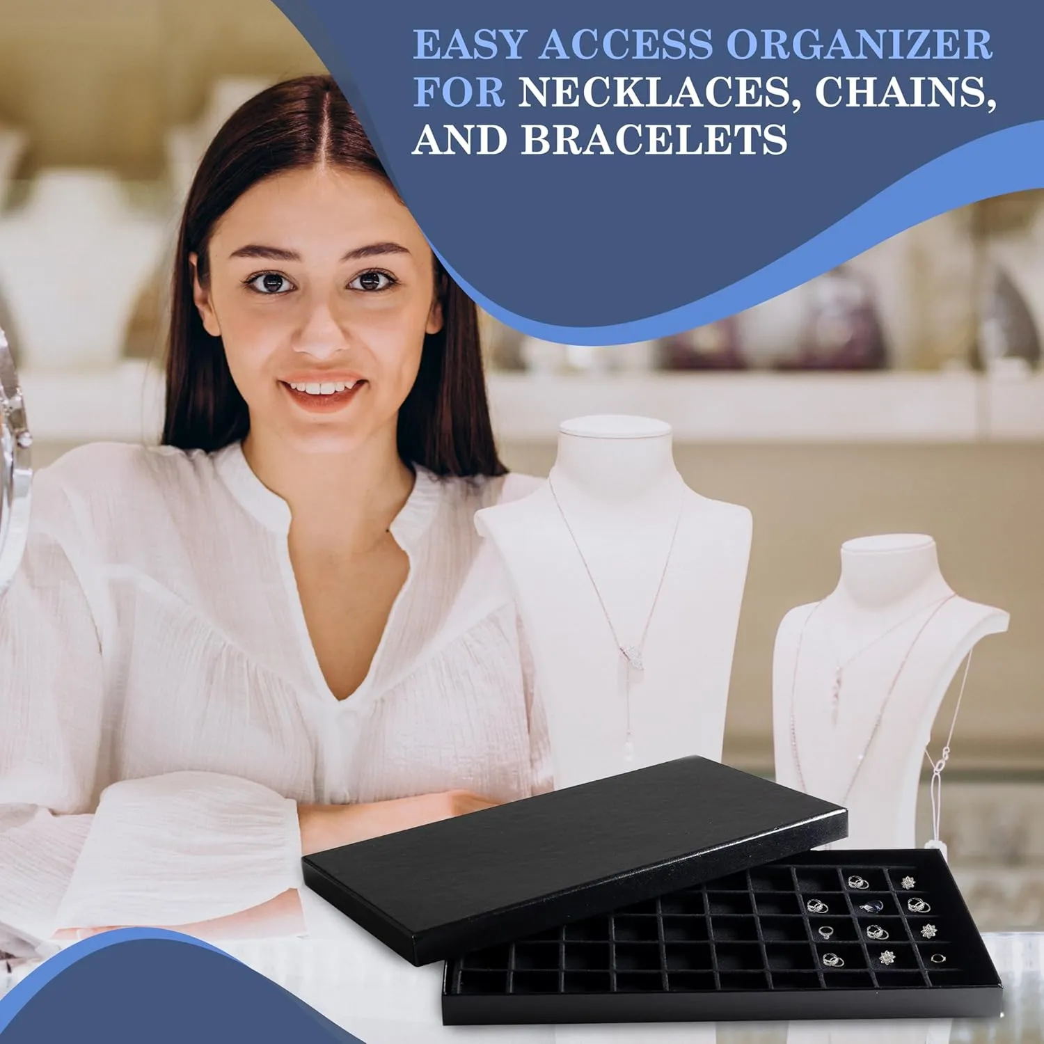 Novel Box Black Paperboard 50 Slot Jewelry Organizer Tray 14.75x8.25x1 Inches with Fitted Lid & Black Flocked Inserts - Jewelry Display Trays for Rings, Earrings, Pendants, and Cufflinks