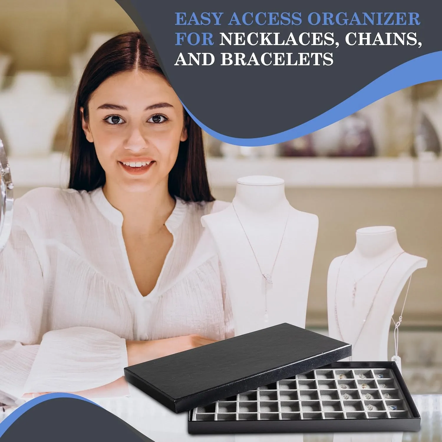 Novel Box Black Paperboard 50 Slot Jewelry Organizer Tray 14.75x8.25x1 Inches with Fitted Lid & Gray Flocked Inserts - Jewelry Display Trays for Rings, Earrings, Pendants, and Cufflinks