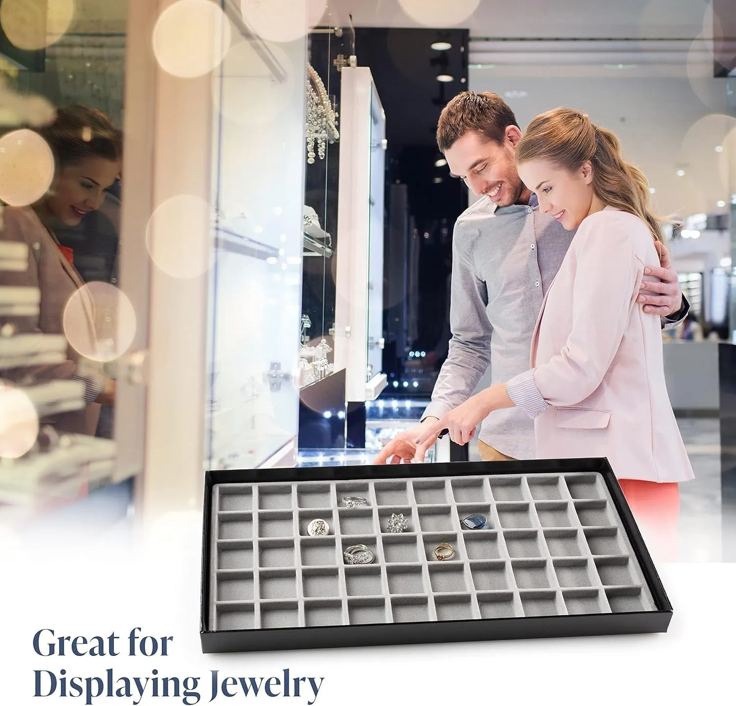 Novel Box Black Paperboard 50 Slot Jewelry Organizer Tray 14.75x8.25x1 Inches with Fitted Lid & Gray Flocked Inserts - Jewelry Display Trays for Rings, Earrings, Pendants, and Cufflinks
