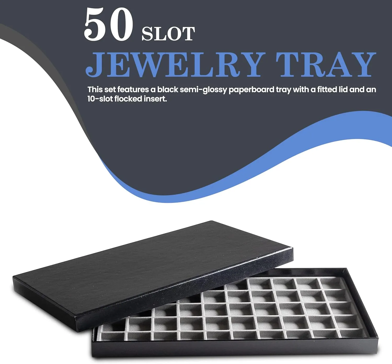 Novel Box Black Paperboard 50 Slot Jewelry Organizer Tray 14.75x8.25x1 Inches with Fitted Lid & Gray Flocked Inserts - Jewelry Display Trays for Rings, Earrings, Pendants, and Cufflinks