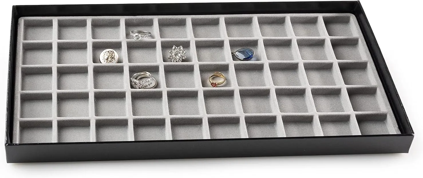Novel Box Black Paperboard 50 Slot Jewelry Organizer Tray 14.75x8.25x1 Inches with Fitted Lid & Gray Flocked Inserts - Jewelry Display Trays for Rings, Earrings, Pendants, and Cufflinks