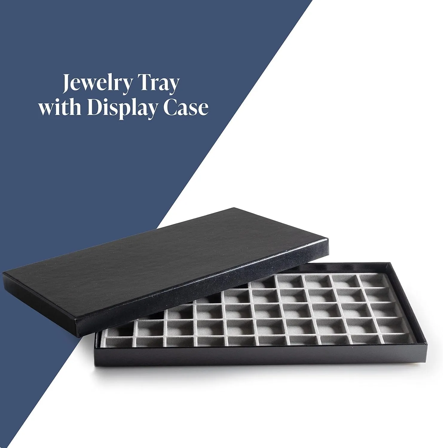 Novel Box Black Paperboard 50 Slot Jewelry Organizer Tray 14.75x8.25x1 Inches with Fitted Lid & Gray Flocked Inserts - Jewelry Display Trays for Rings, Earrings, Pendants, and Cufflinks