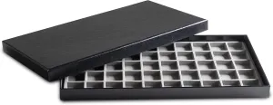 Novel Box Black Paperboard 50 Slot Jewelry Organizer Tray 14.75x8.25x1 Inches with Fitted Lid & Gray Flocked Inserts - Jewelry Display Trays for Rings, Earrings, Pendants, and Cufflinks