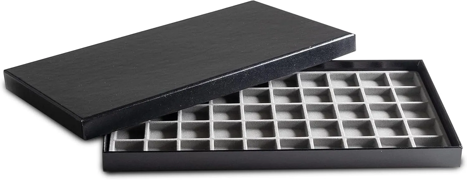 Novel Box Black Paperboard 50 Slot Jewelry Organizer Tray 14.75x8.25x1 Inches with Fitted Lid & Gray Flocked Inserts - Jewelry Display Trays for Rings, Earrings, Pendants, and Cufflinks