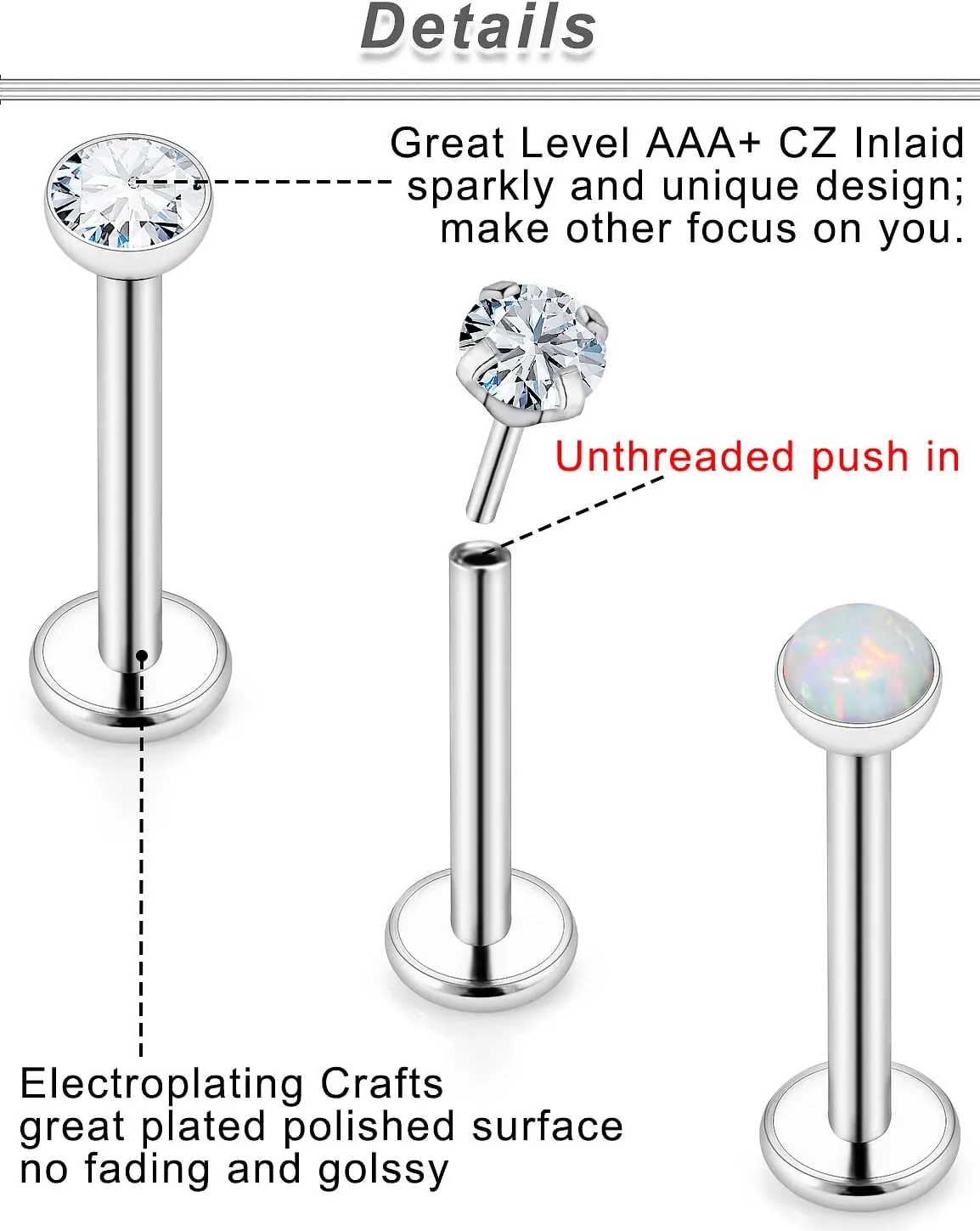 Ocptiy 20G 18G 16G Push in Theadless Nose Rings Studs Hypoallergenic Lip Labret Jewelry Flat Back Nose Stud Stainless Steel Cartilage Helix Tragus Earrings for Women Men 6mm 7mm 8mm Bars Diamond 3mm