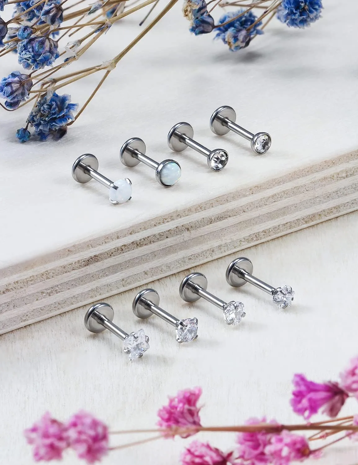 Ocptiy 20G 18G 16G Push in Theadless Nose Rings Studs Hypoallergenic Lip Labret Jewelry Flat Back Nose Stud Stainless Steel Cartilage Helix Tragus Earrings for Women Men 6mm 7mm 8mm Bars Diamond 3mm