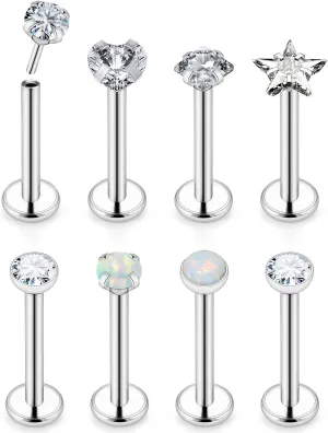 Ocptiy 20G 18G 16G Push in Theadless Nose Rings Studs Hypoallergenic Lip Labret Jewelry Flat Back Nose Stud Stainless Steel Cartilage Helix Tragus Earrings for Women Men 6mm 7mm 8mm Bars Diamond 3mm
