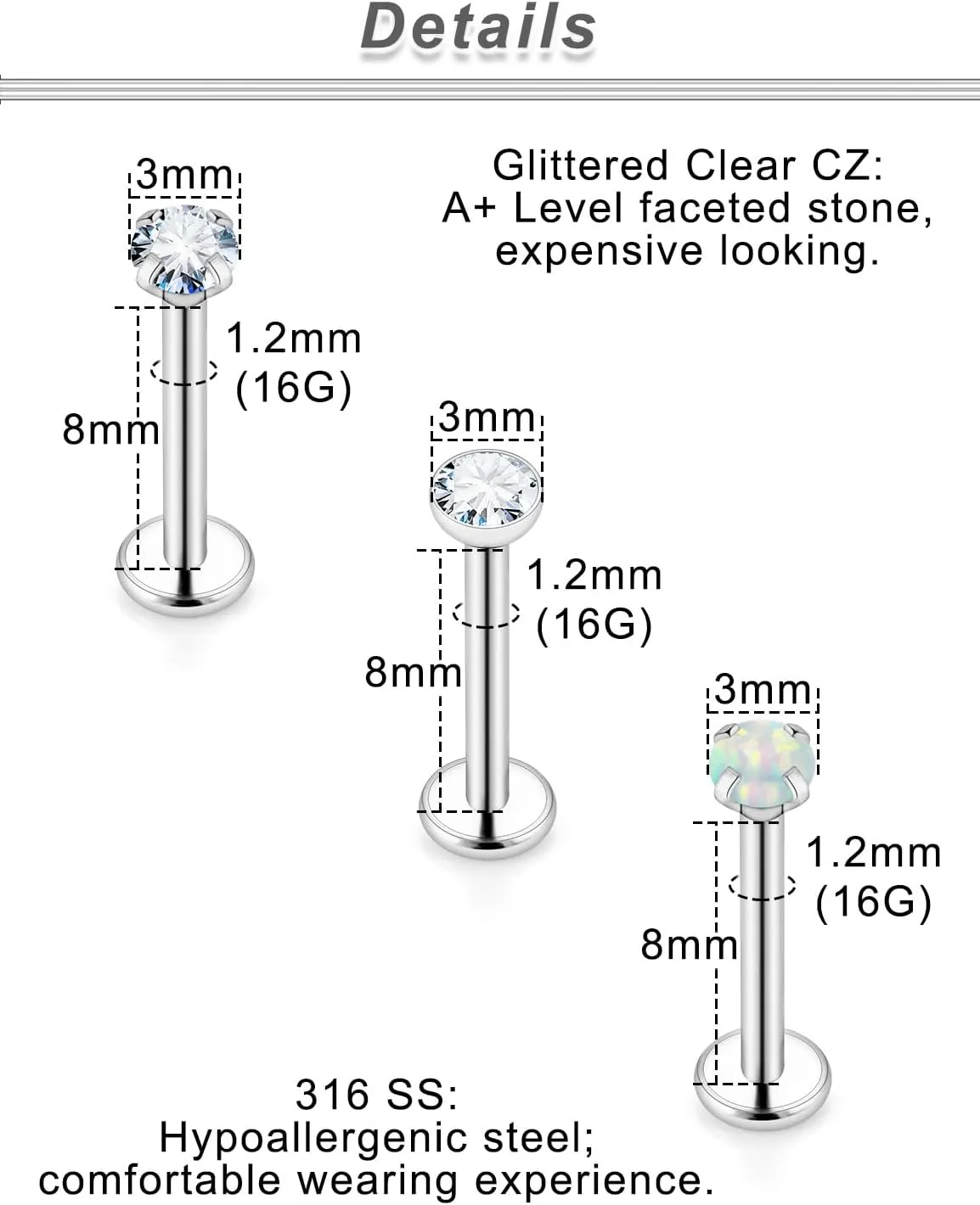Ocptiy 20G 18G 16G Push in Theadless Nose Rings Studs Hypoallergenic Lip Labret Jewelry Flat Back Nose Stud Stainless Steel Cartilage Helix Tragus Earrings for Women Men 6mm 7mm 8mm Bars Diamond 3mm