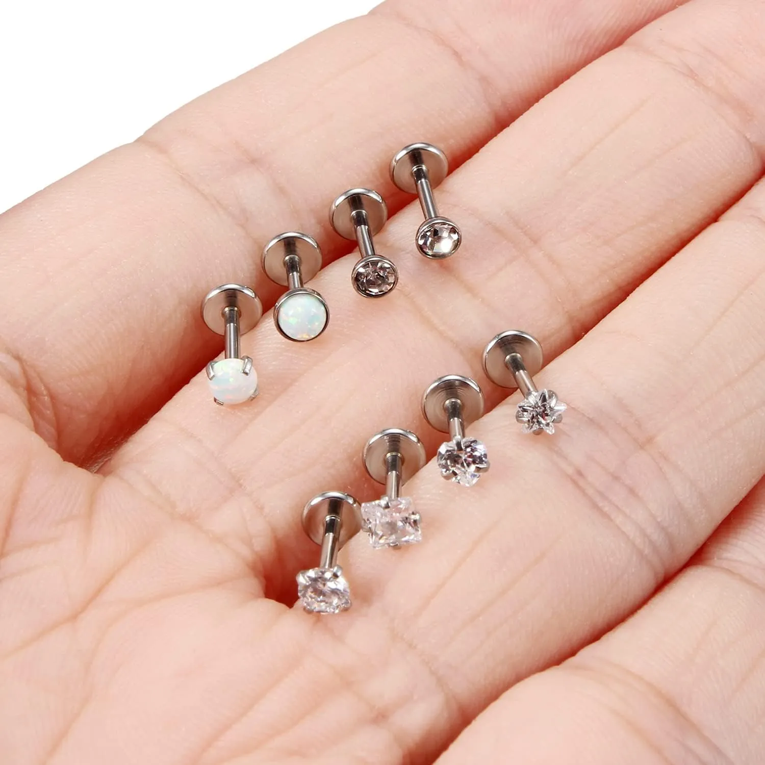 Ocptiy 20G 18G 16G Push in Theadless Nose Rings Studs Hypoallergenic Lip Labret Jewelry Flat Back Nose Stud Stainless Steel Cartilage Helix Tragus Earrings for Women Men 6mm 7mm 8mm Bars Diamond 3mm