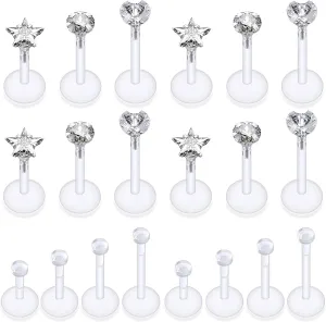 Ocptiy Clear Plastic Piercing Retainer for Surgery Sport Work Lip Labret Medusa Monroe Nose Piercing Bioflex Flat Back Tragus Helix Catilage Conch Earrings for Women Men 6mm 8mm 10mm 12mm Bars