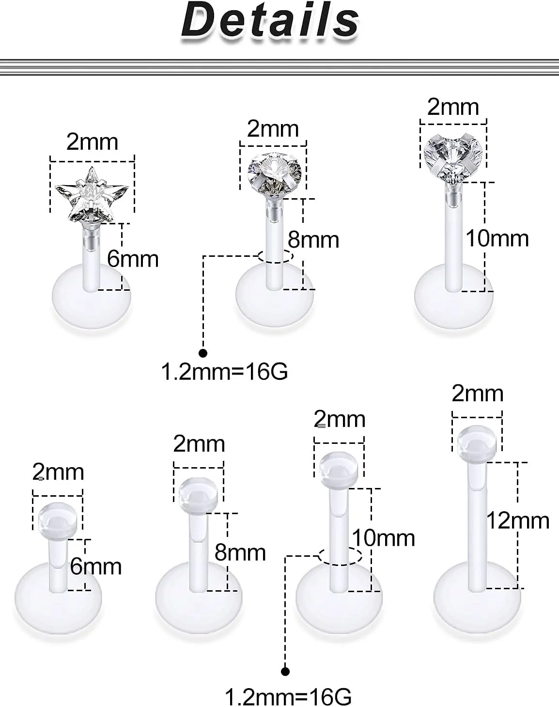 Ocptiy Clear Plastic Piercing Retainer for Surgery Sport Work Lip Labret Medusa Monroe Nose Piercing Bioflex Flat Back Tragus Helix Catilage Conch Earrings for Women Men 6mm 8mm 10mm 12mm Bars